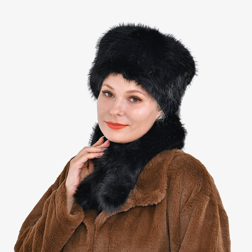 Set of 2 Faux Fur Hat with Scarf - Black