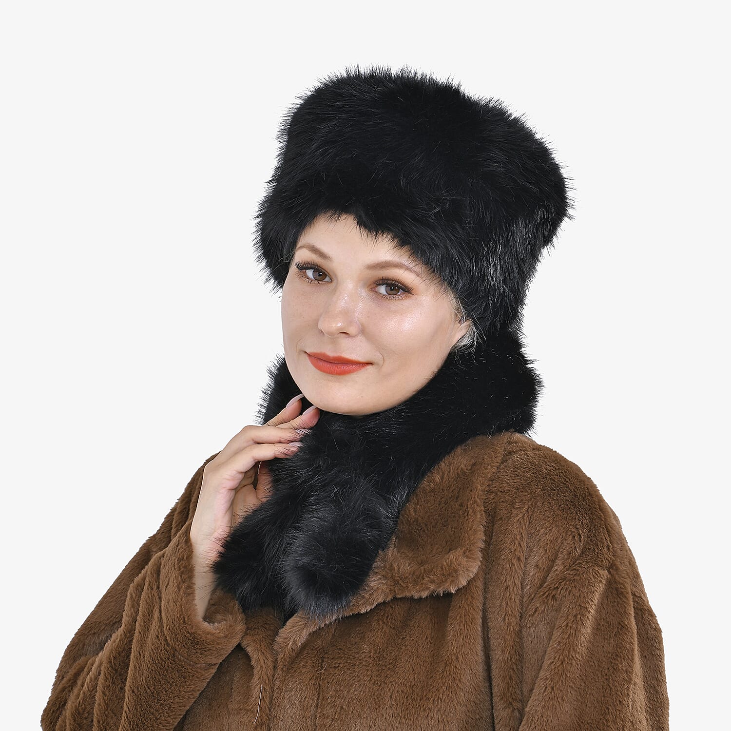 Set of 2 Faux Fur Hat with Scarf - Black