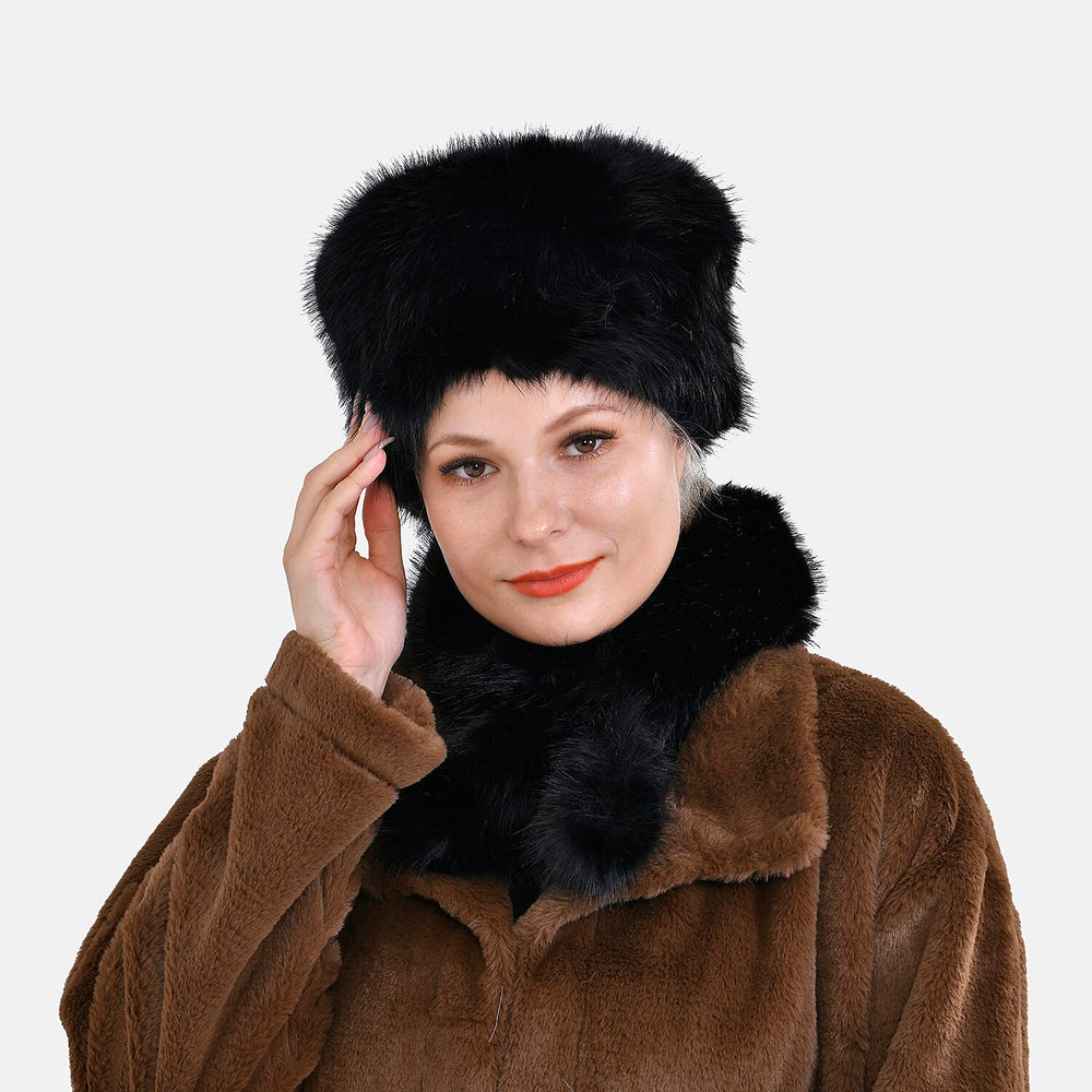 Set of 2 Faux Fur Hat with Scarf - Black
