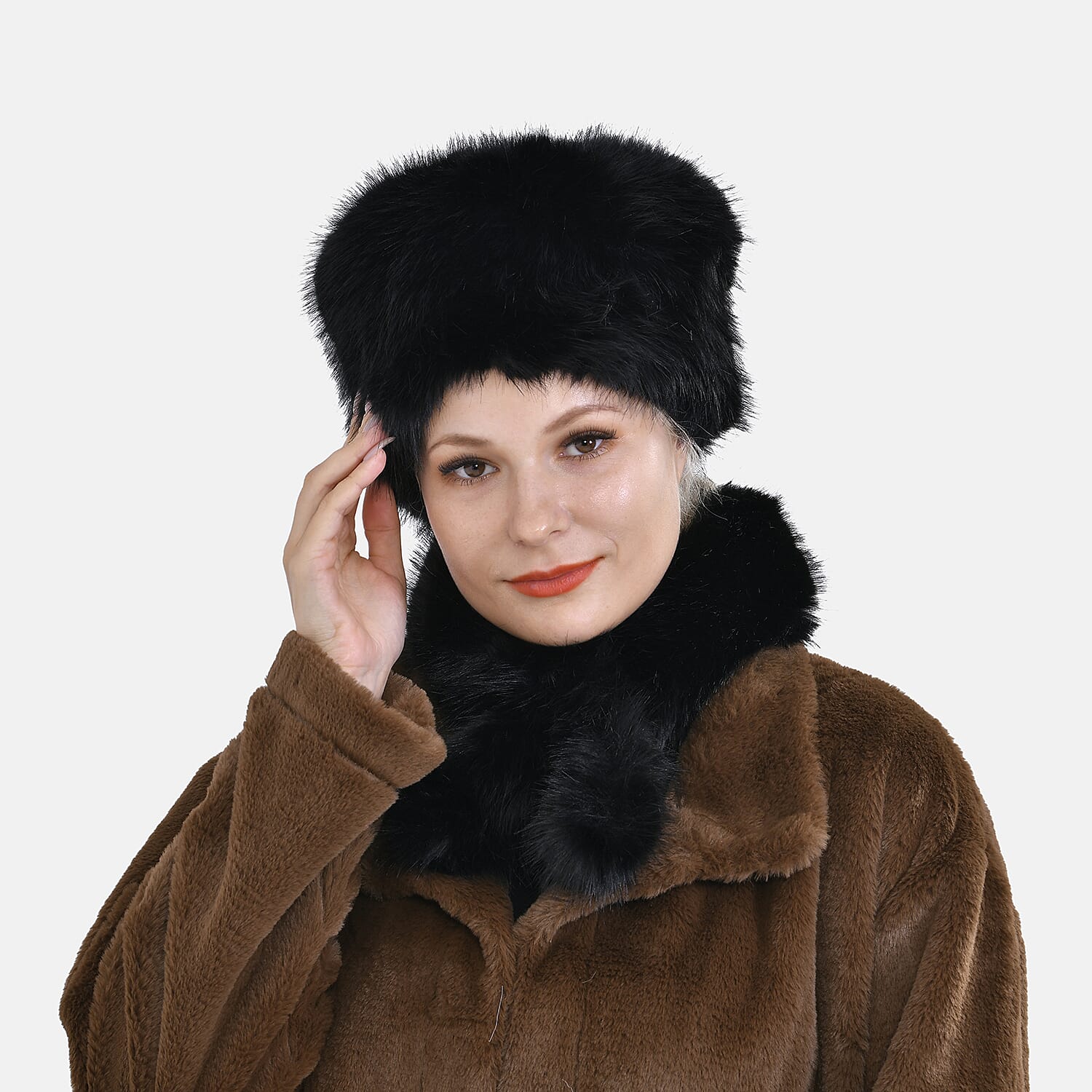 Set of 2 Faux Fur Hat with Scarf - Black