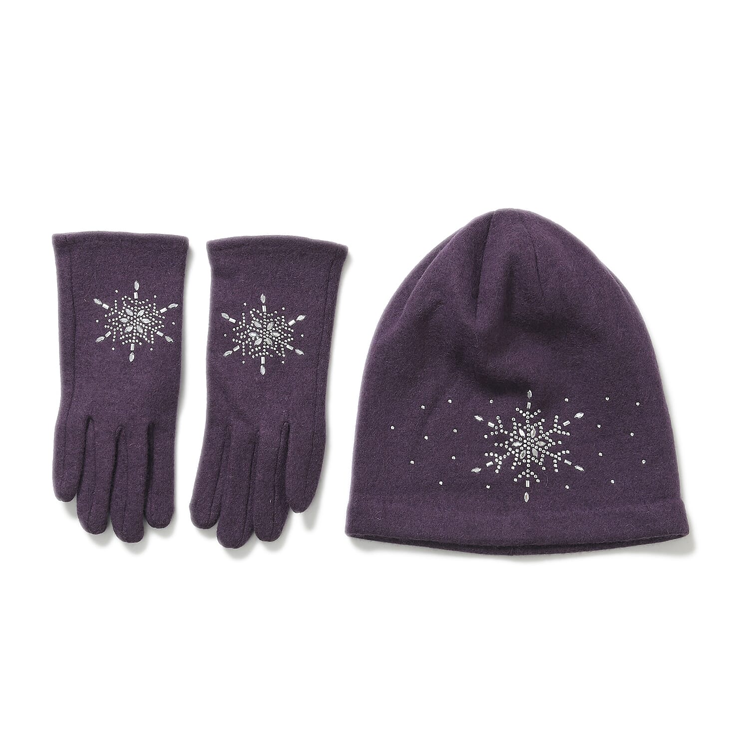 2 Piece Cashmere Set- Crystal Pattern Hat and Gloves - Purple
