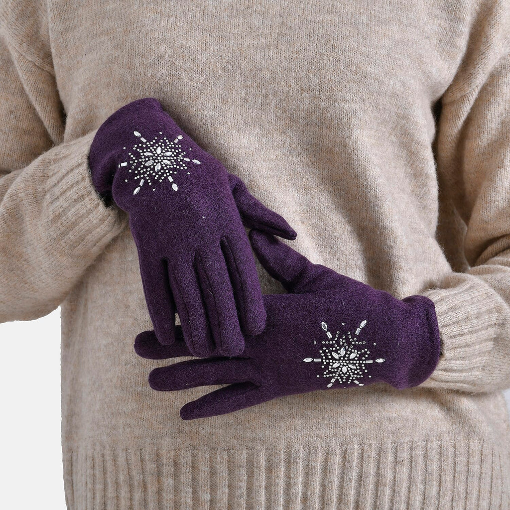 2 Piece Cashmere Set- Crystal Pattern Hat and Gloves - Purple