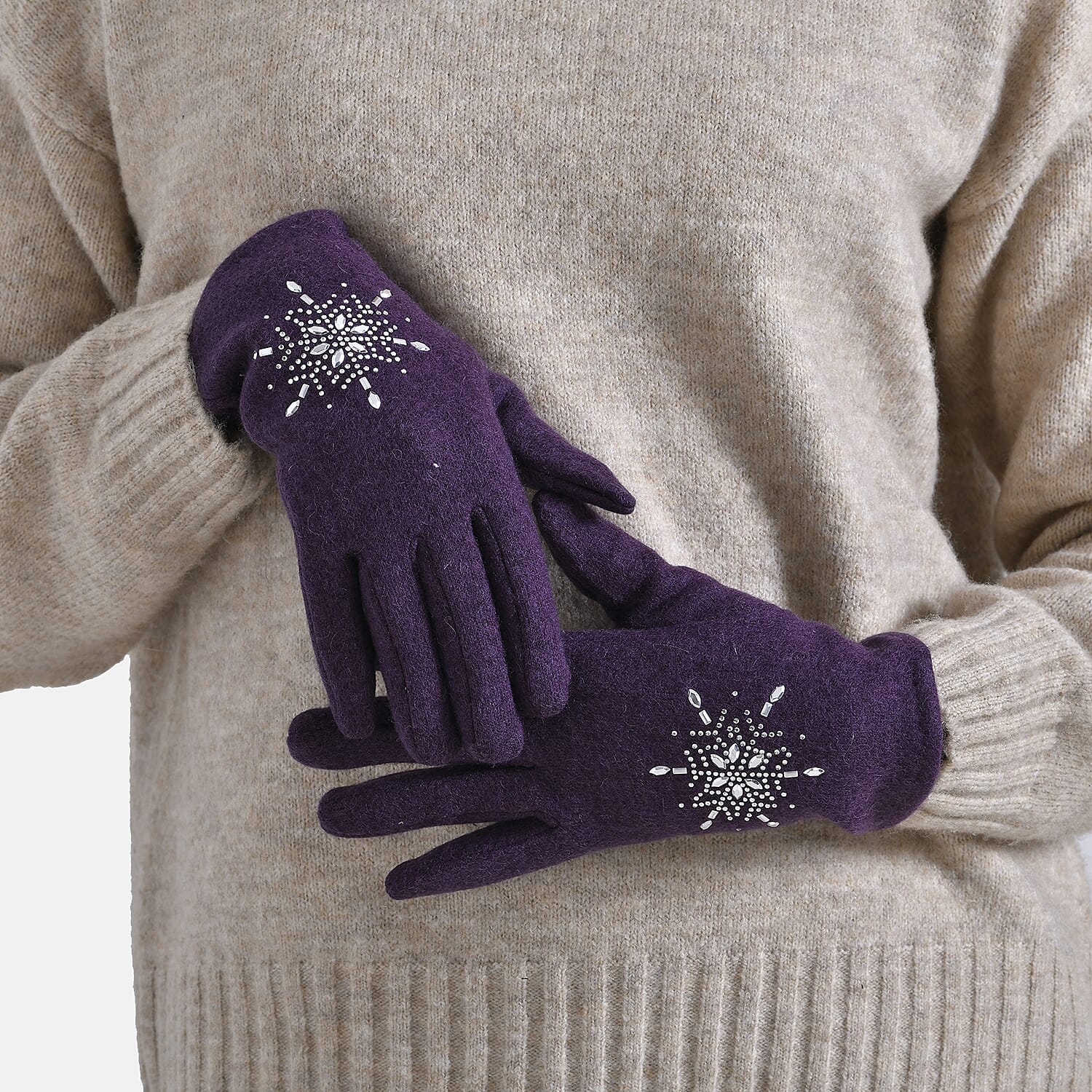 2 Piece Cashmere Set- Crystal Pattern Hat and Gloves - Purple