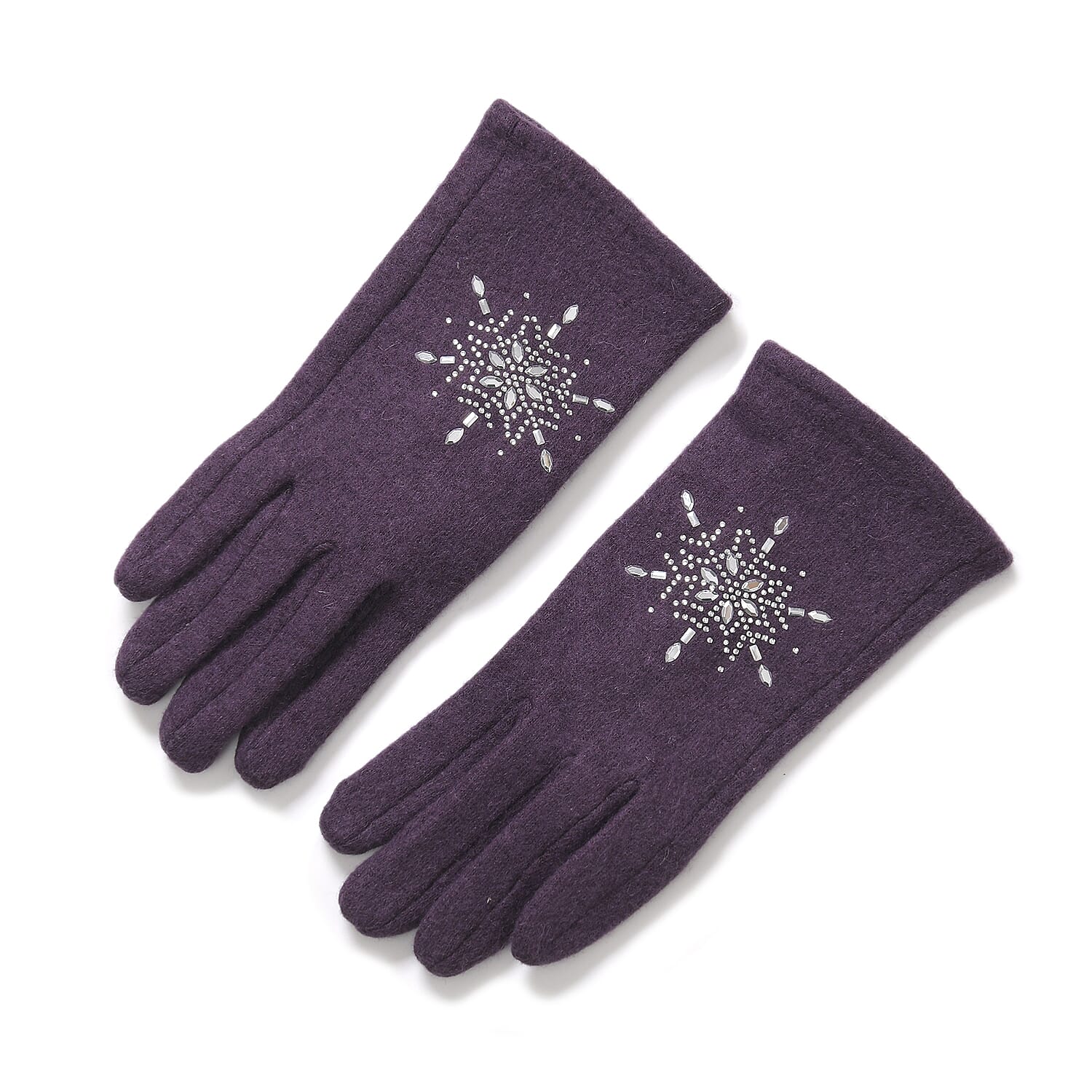 2 Piece Cashmere Set- Crystal Pattern Hat and Gloves - Purple