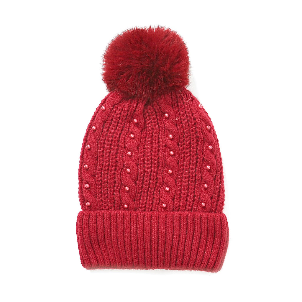 Cuff Beanie with Faux Pearl (22 x 21cm) - Red
