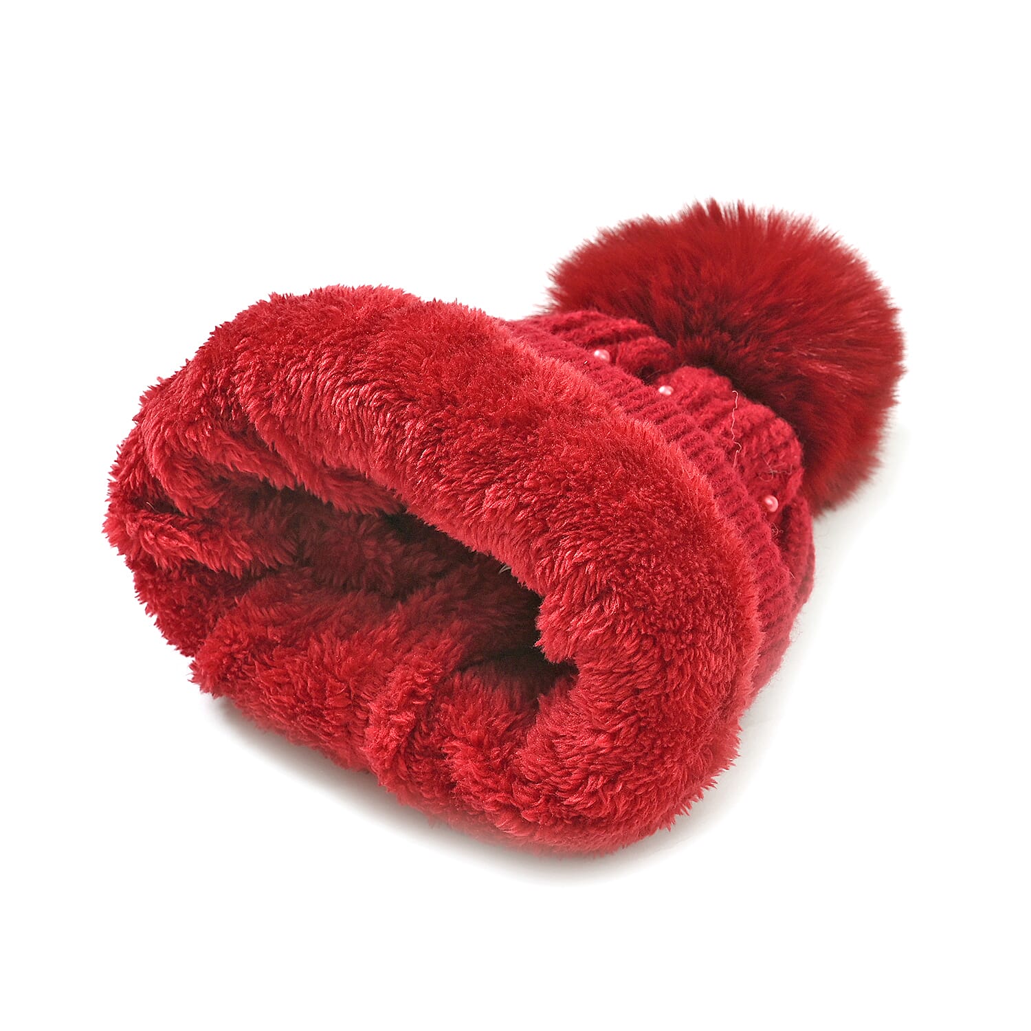 Cuff Beanie with Faux Pearl (22 x 21cm) - Red