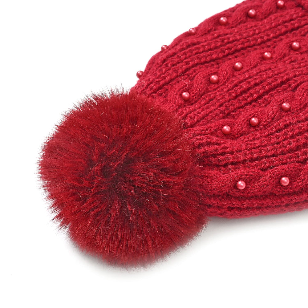 Cuff Beanie with Faux Pearl (22 x 21cm) - Red