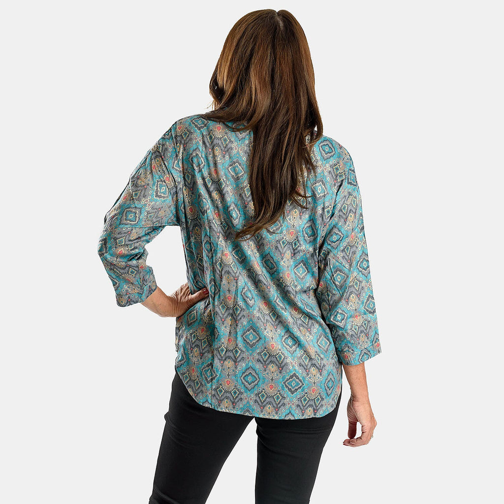 Adonai - Womens Viscose Ikat Print Woven Blouse (Size XXL) - Blue