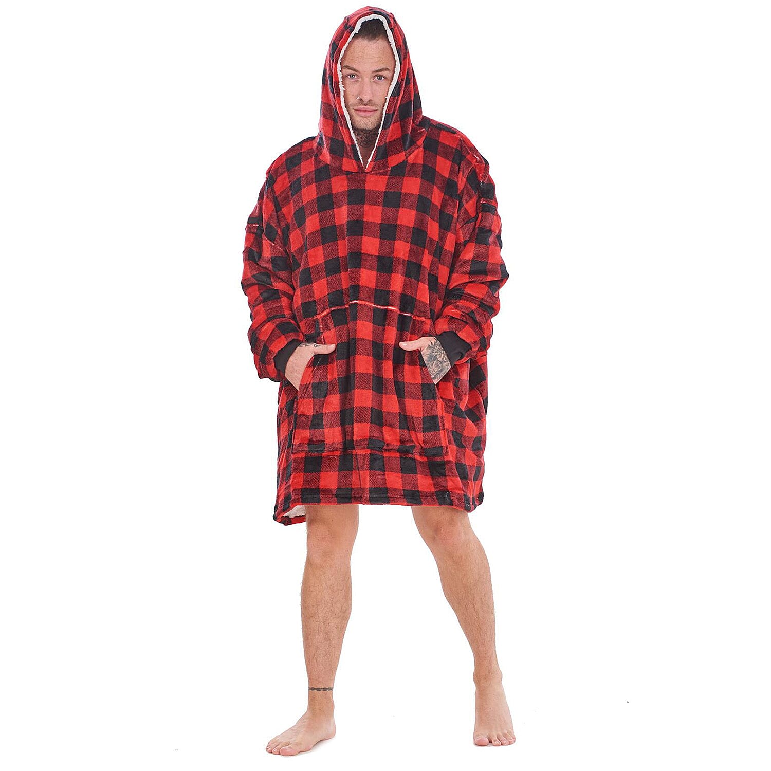 Adult Oversized Fully Sherpa-Lined Blanket Hoodie With Pockets (One Size upto 30) - Red - Black Check
