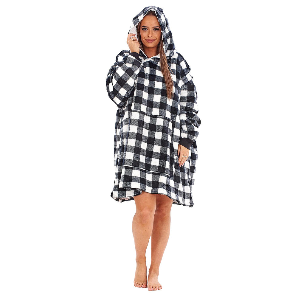 Adults Buffalo Oversized Fully Sherpa-Lined Blanket Hoodie With Pockets (One Size) - White - Black Check