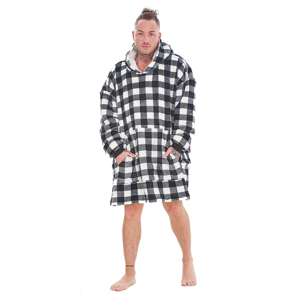 Adults Buffalo Oversized Fully Sherpa-Lined Blanket Hoodie With Pockets (One Size) - White - Black Check