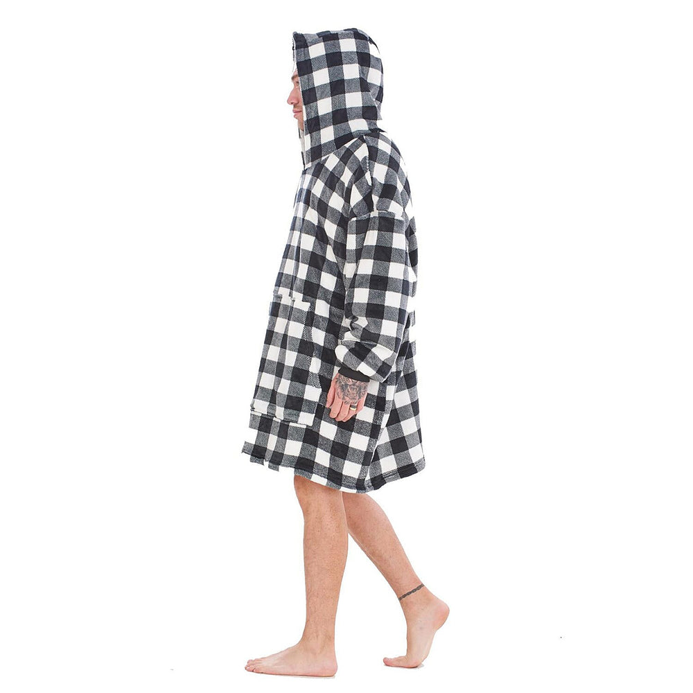 Adults Buffalo Oversized Fully Sherpa-Lined Blanket Hoodie With Pockets (One Size) - White - Black Check
