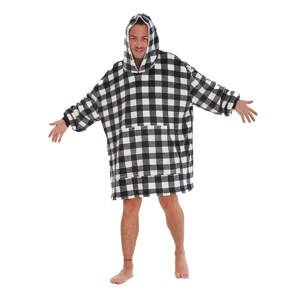 Adults Buffalo Oversized Fully Sherpa-Lined Blanket Hoodie With Pockets (One Size) - White - Black Check