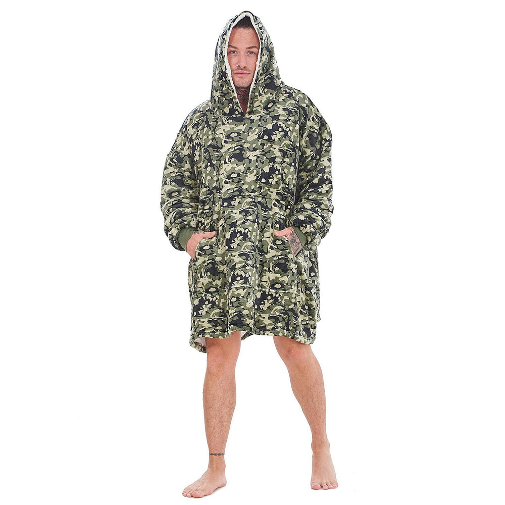 Adults Buffalo Check Fully Sherpa Lined Oversized Flannel Fleece Hoodie Blanket