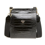 Alice Wheeler London Bloomsbury Vegan Leather Croc Pattern Crossbody Bag - Adjustable Strap & Bee Insignia - Black