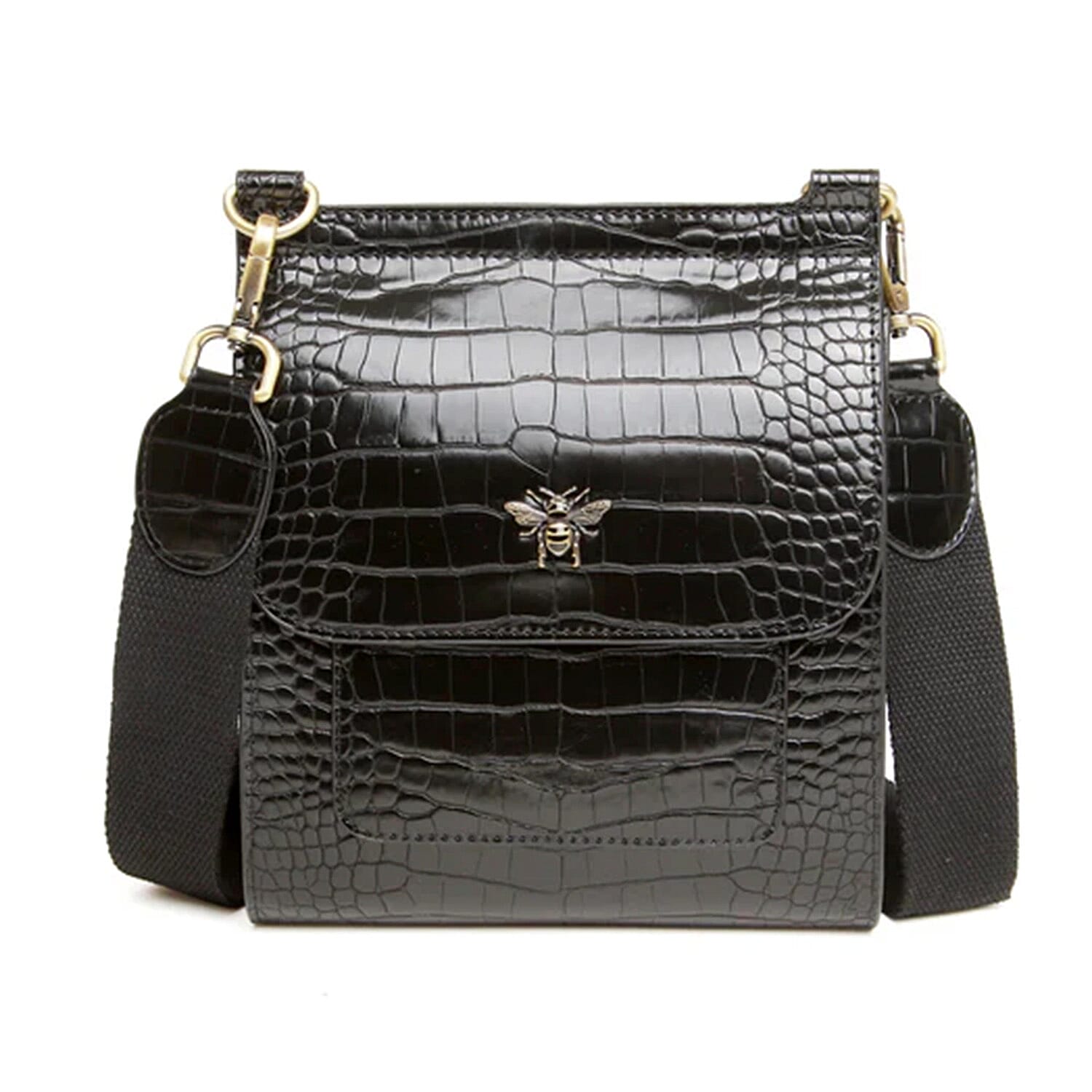 Alice Wheeler London Bloomsbury Vegan Leather Croc Pattern Crossbody Bag - Adjustable Strap & Bee Insignia - Black