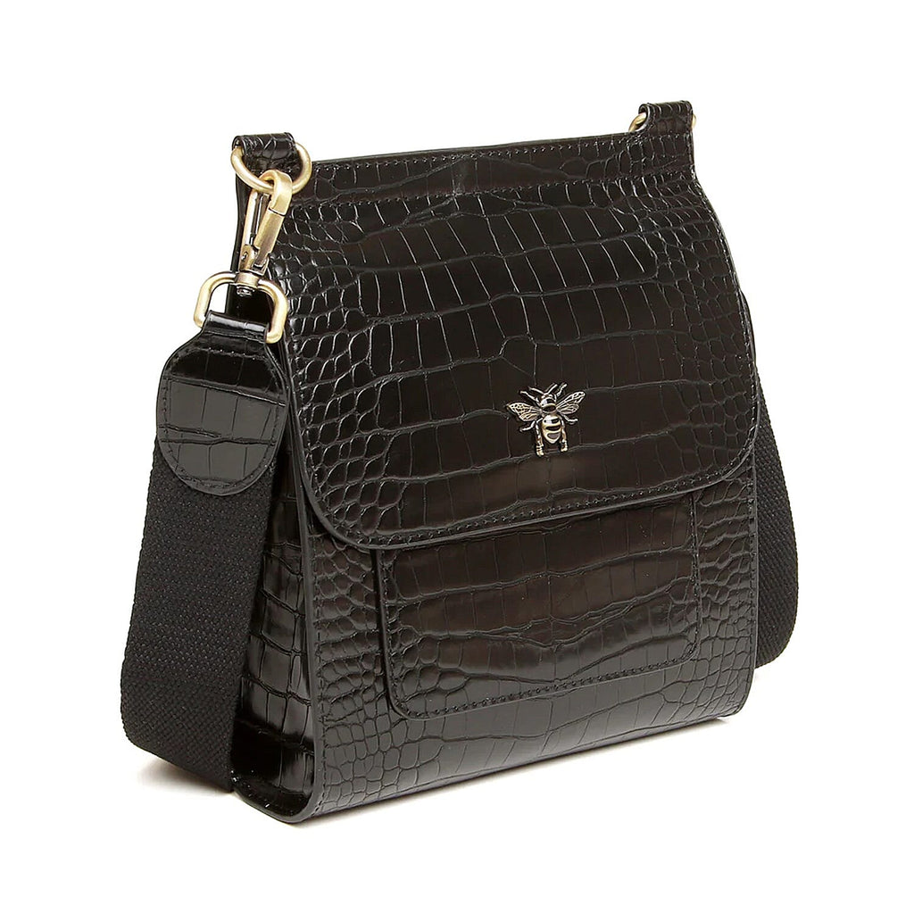 Alice Wheeler London Bloomsbury Vegan Leather Croc Pattern Crossbody Bag - Adjustable Strap & Bee Insignia - Black