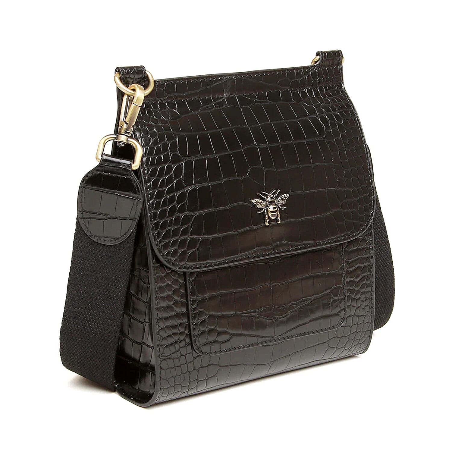 Alice Wheeler London Bloomsbury Vegan Leather Croc Pattern Crossbody Bag - Adjustable Strap & Bee Insignia - Black