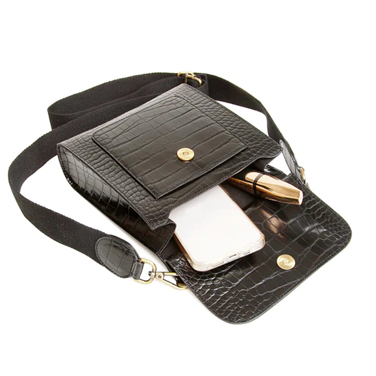 Alice Wheeler London Bloomsbury Vegan Leather Croc Pattern Crossbody Bag - Adjustable Strap & Bee Insignia - Black