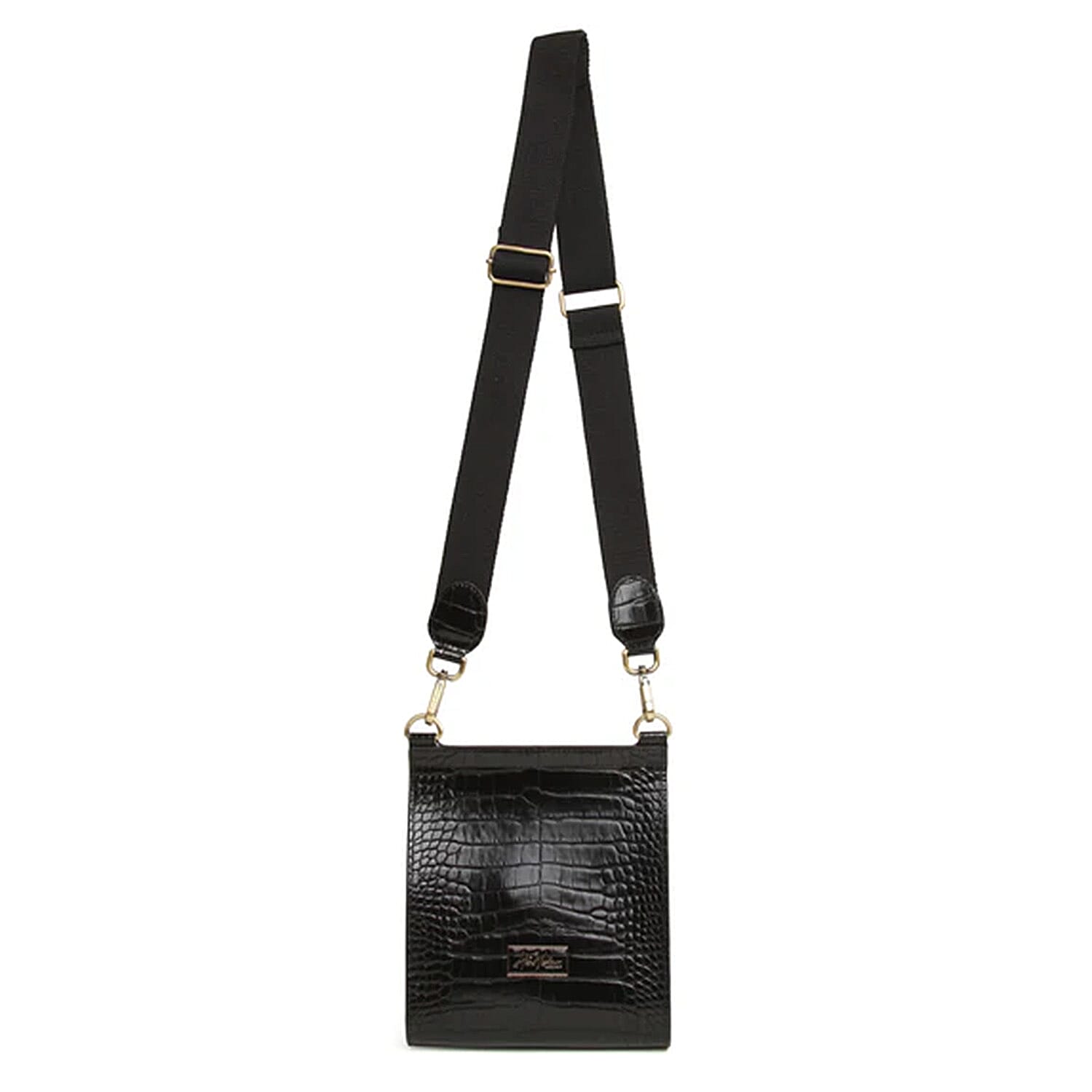 Alice Wheeler London Bloomsbury Vegan Leather Croc Pattern Crossbody Bag - Adjustable Strap & Bee Insignia - Black