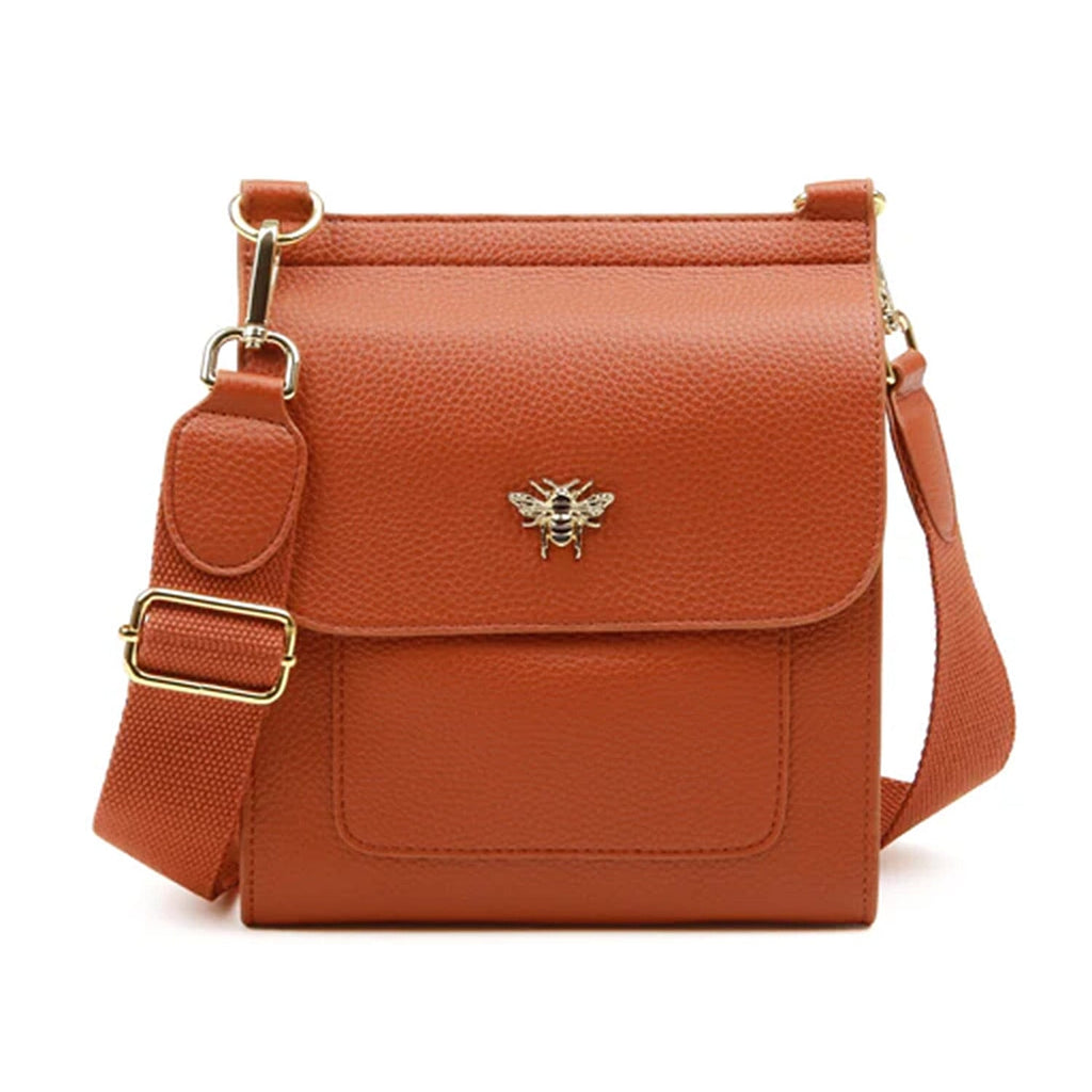 Alice Wheeler London Bloomsbury Vegan Leather Crossbody Bag - Adjustable Strap & Bee Insignia - Tan