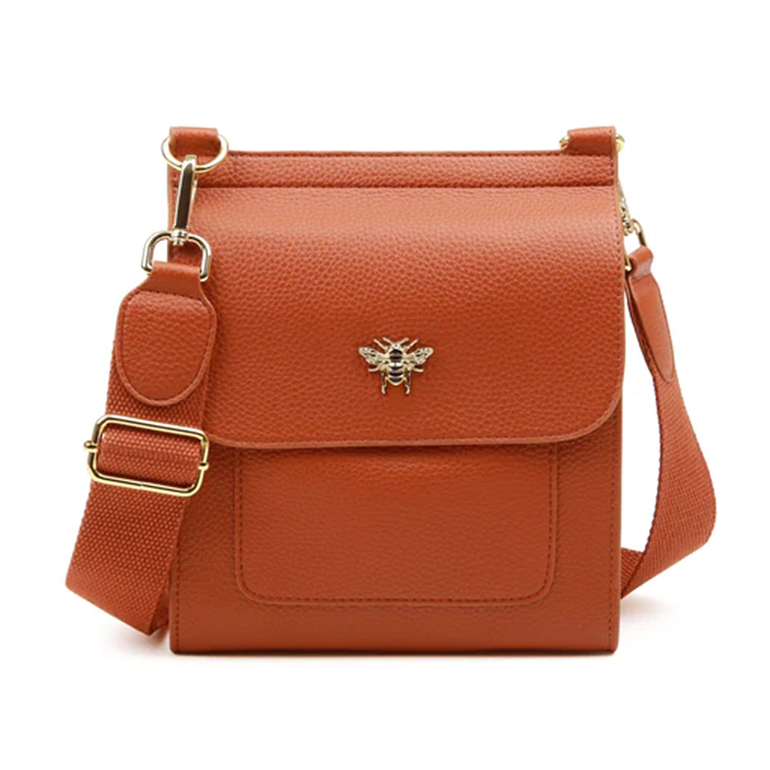 Alice Wheeler London Bloomsbury Vegan Leather Crossbody Bag - Adjustable Strap & Bee Insignia - Tan