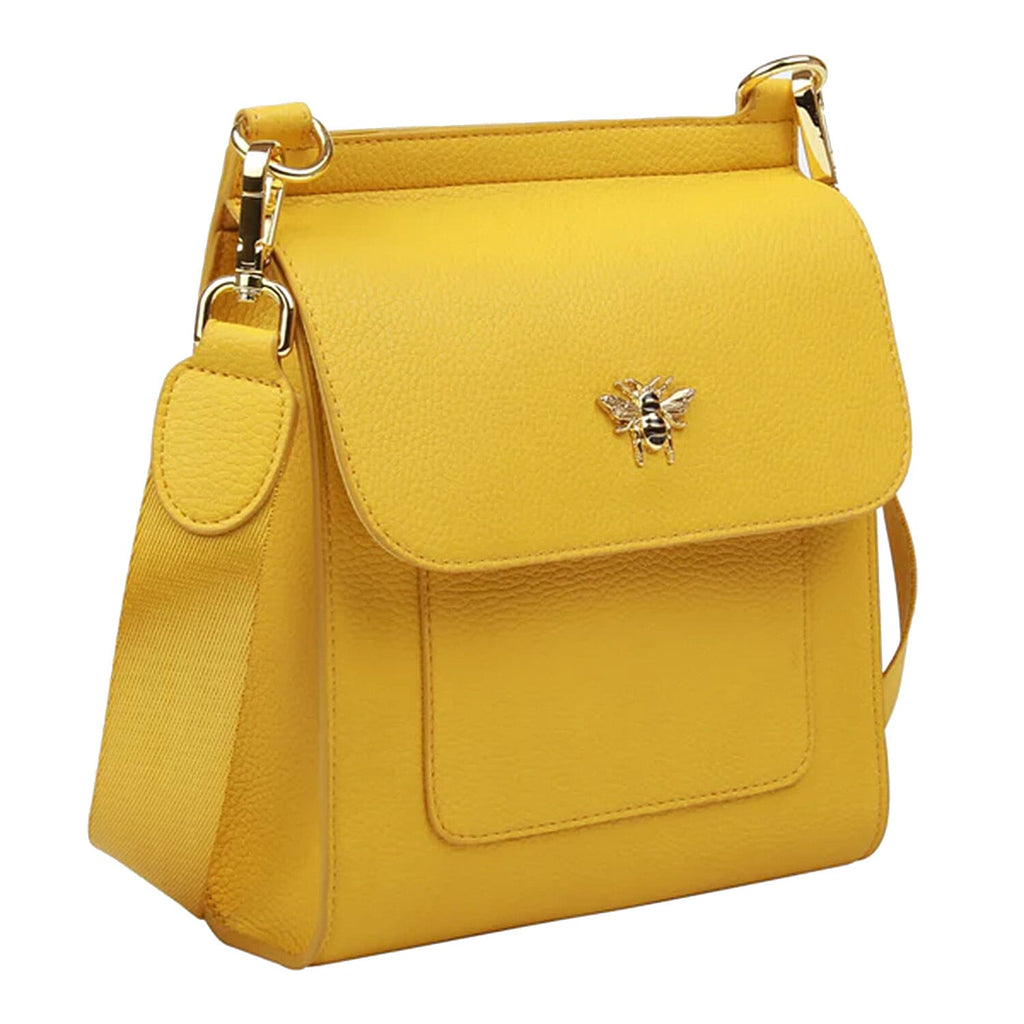 Alice Wheeler London Bloomsbury Vegan Leather Crossbody Bag - Adjustable Strap & Bee Insignia - Yellow