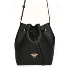 Alice Wheeler Vegan Leather Bucket Shoulder Bag with Drawstring & Bee Emblem - Black
