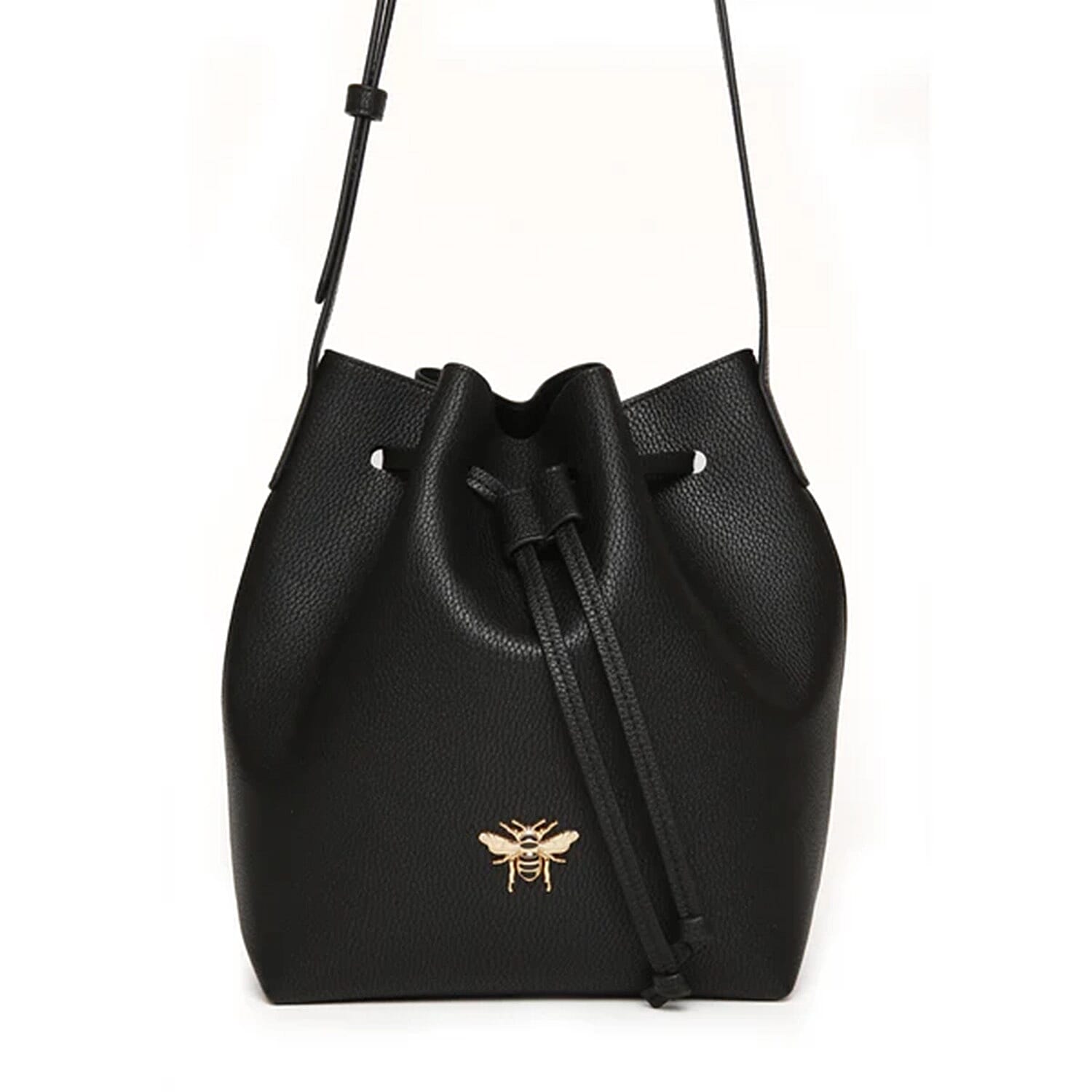 Alice Wheeler Vegan Leather Bucket Shoulder Bag with Drawstring & Bee Emblem - Black
