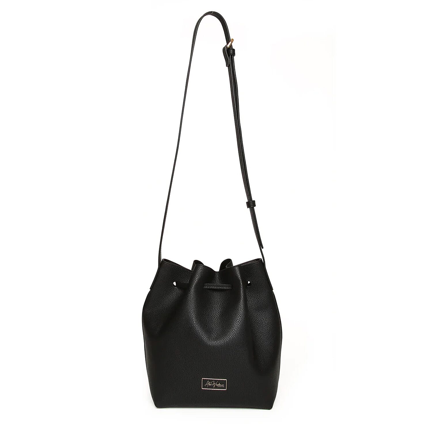 Alice Wheeler Vegan Leather Bucket Shoulder Bag with Drawstring & Bee Emblem - Black