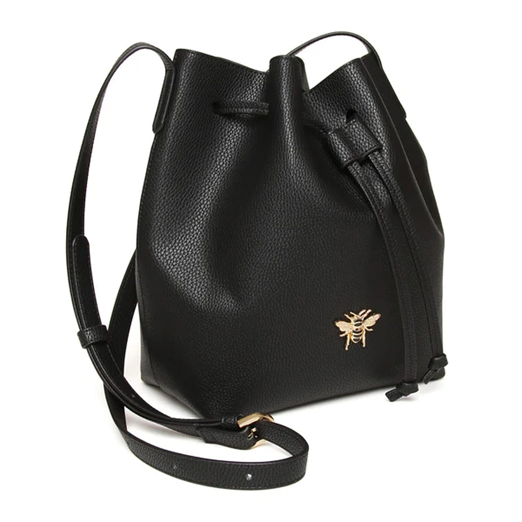 Alice Wheeler Vegan Leather Bucket Shoulder Bag with Drawstring & Bee Emblem - Black