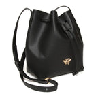 Alice Wheeler Vegan Leather Bucket Shoulder Bag with Drawstring & Bee Emblem - Black