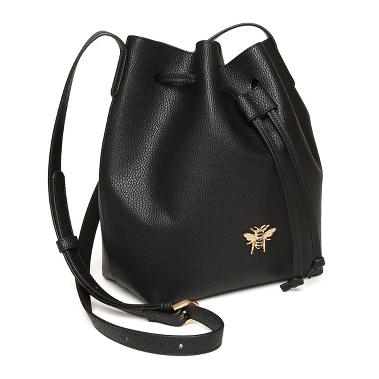 Alice Wheeler Vegan Leather Bucket Shoulder Bag with Drawstring & Bee Emblem - Black