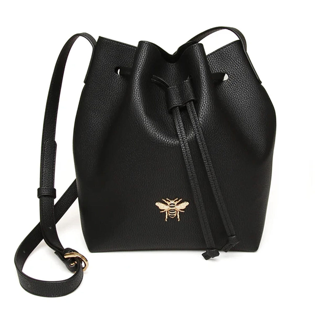 Alice Wheeler Vegan Leather Bucket Shoulder Bag with Drawstring & Bee Emblem - Black