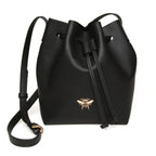 Alice Wheeler Vegan Leather Bucket Shoulder Bag with Drawstring & Bee Emblem - Black