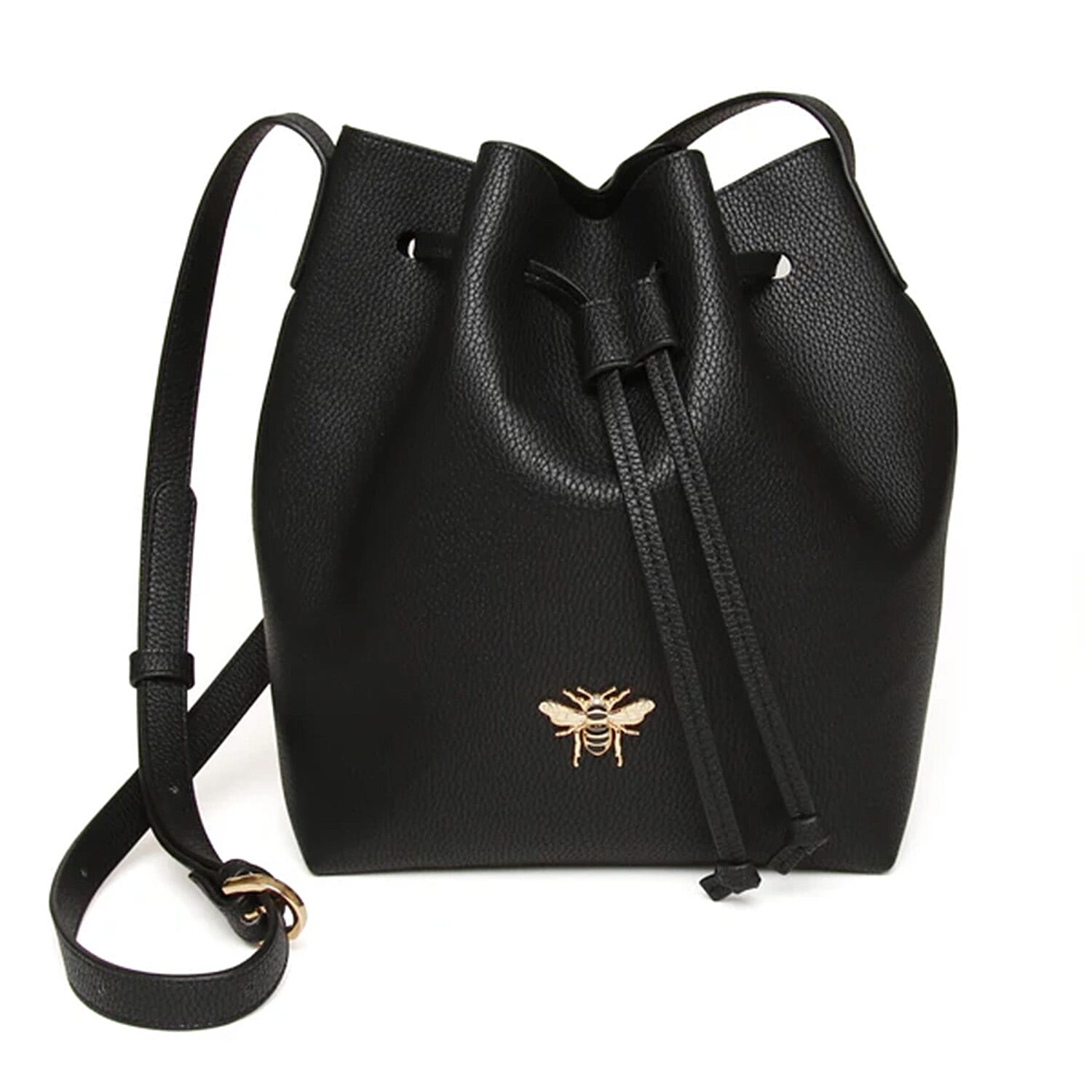 Alice Wheeler Vegan Leather Bucket Shoulder Bag with Drawstring & Bee Emblem - Black