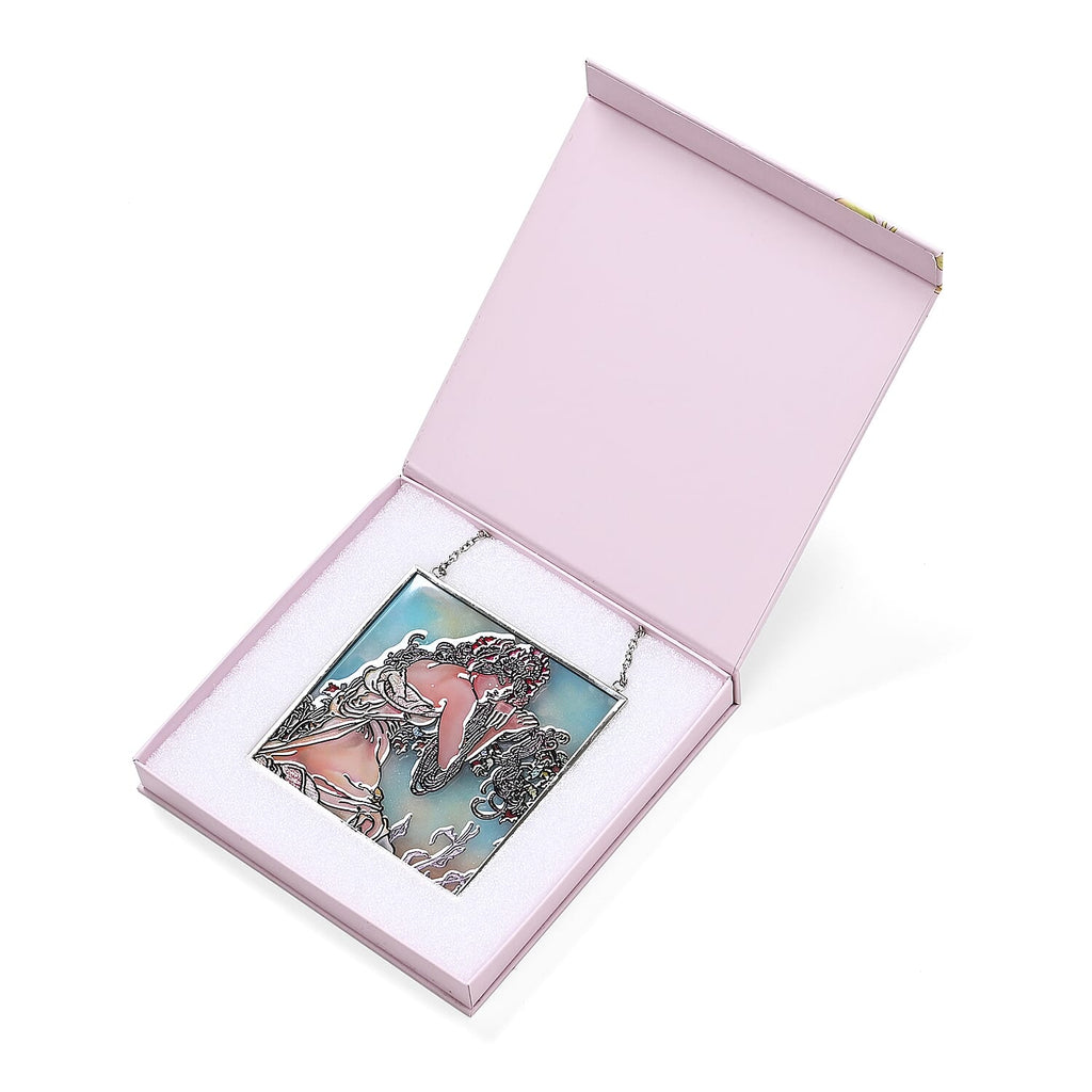 Alphonse Maria Mucha Glass Suncatcher - Square Pendant with Chain - Silver Frame - Sky Blue