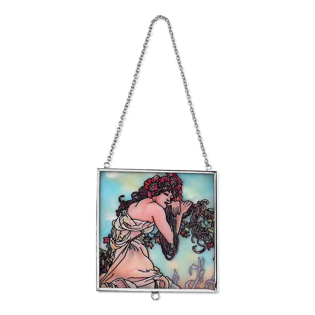 Alphonse Maria Mucha Glass Suncatcher - Square Pendant with Chain - Silver Frame - Sky Blue