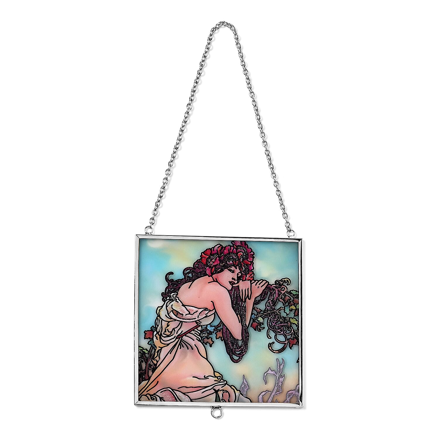 Alphonse Maria Mucha Glass Suncatcher - Square Pendant with Chain - Silver Frame - Sky Blue