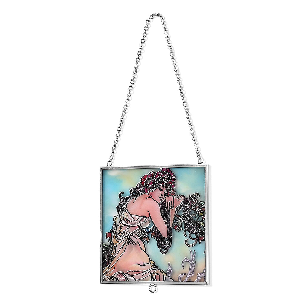 Alphonse Maria Mucha Glass Suncatcher - Square Pendant with Chain - Silver Frame - Sky Blue
