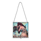 Alphonse Maria Mucha Glass Suncatcher - Square Pendant with Chain - Silver Frame - Sky Blue