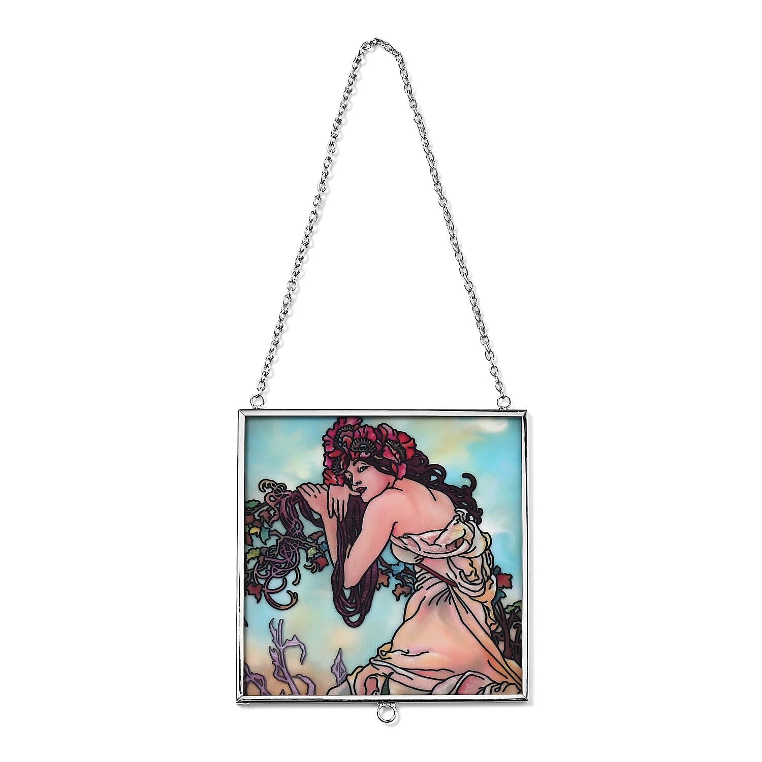 Alphonse Maria Mucha Glass Suncatcher - Square Pendant with Chain - Silver Frame - Sky Blue