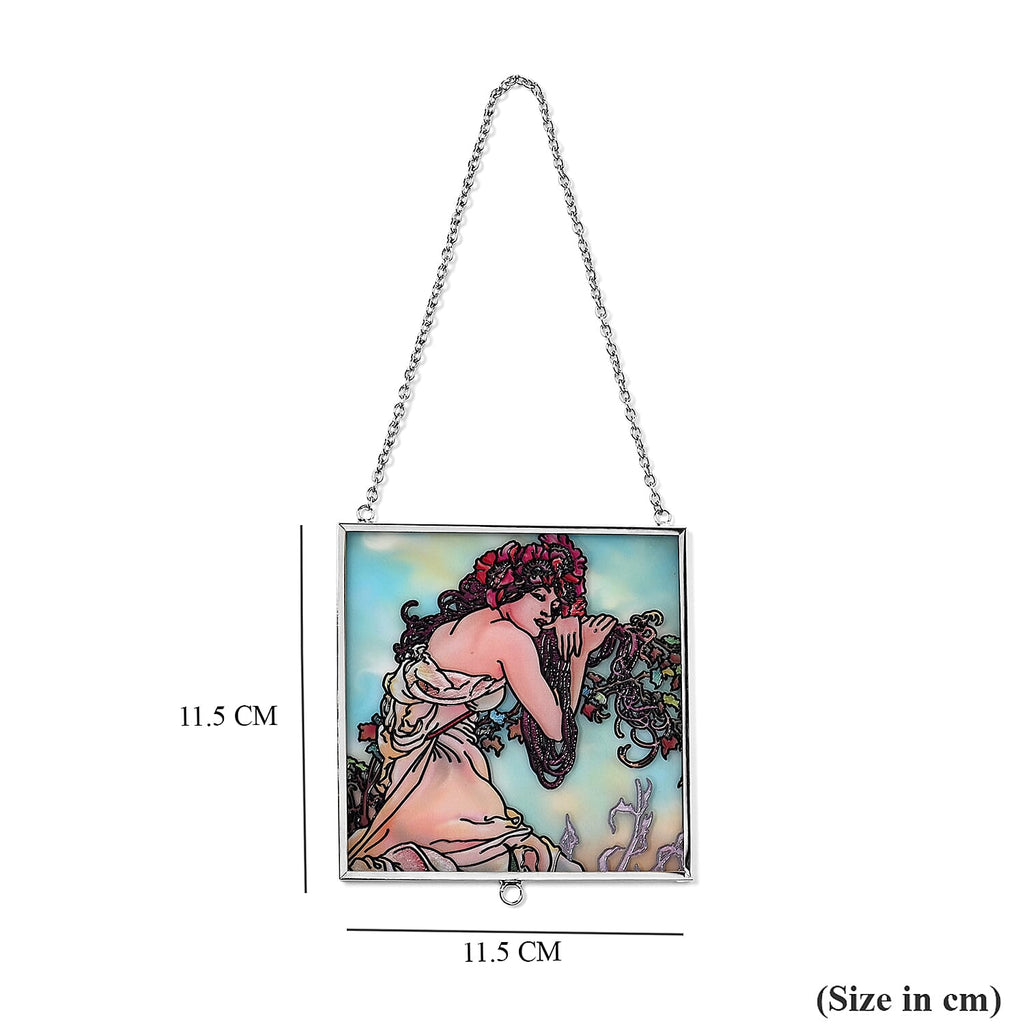 Alphonse Maria Mucha Glass Suncatcher - Square Pendant with Chain - Silver Frame - Sky Blue