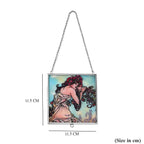 Alphonse Maria Mucha Glass Suncatcher - Square Pendant with Chain - Silver Frame - Sky Blue