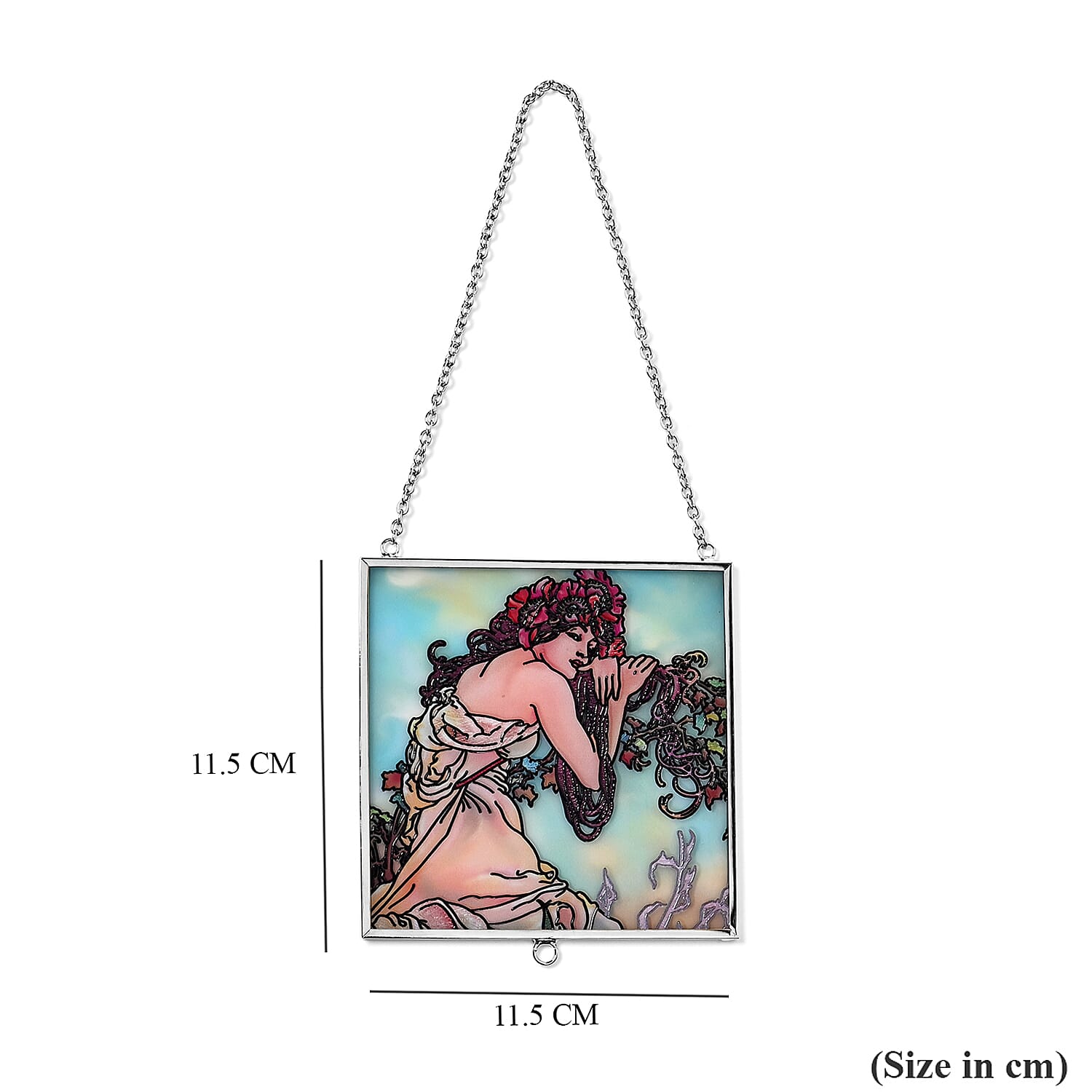 Alphonse Maria Mucha Glass Suncatcher - Square Pendant with Chain - Silver Frame - Sky Blue