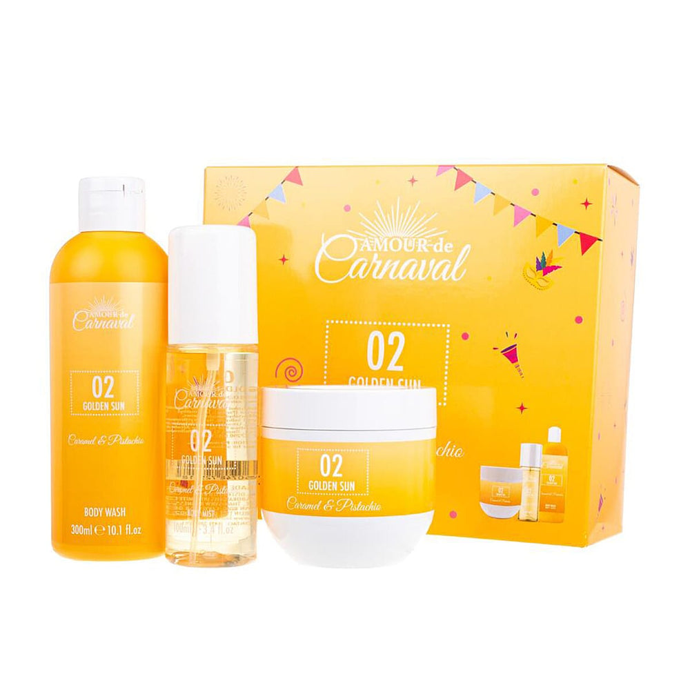 Laurelle Amour De Carnaval - Golden Sun Luxurious 3 Piece Gift Set (300mL Body Wash, 100mL Body Mist, 240mL Body Lotion) - Caramel & Pistachio Scent