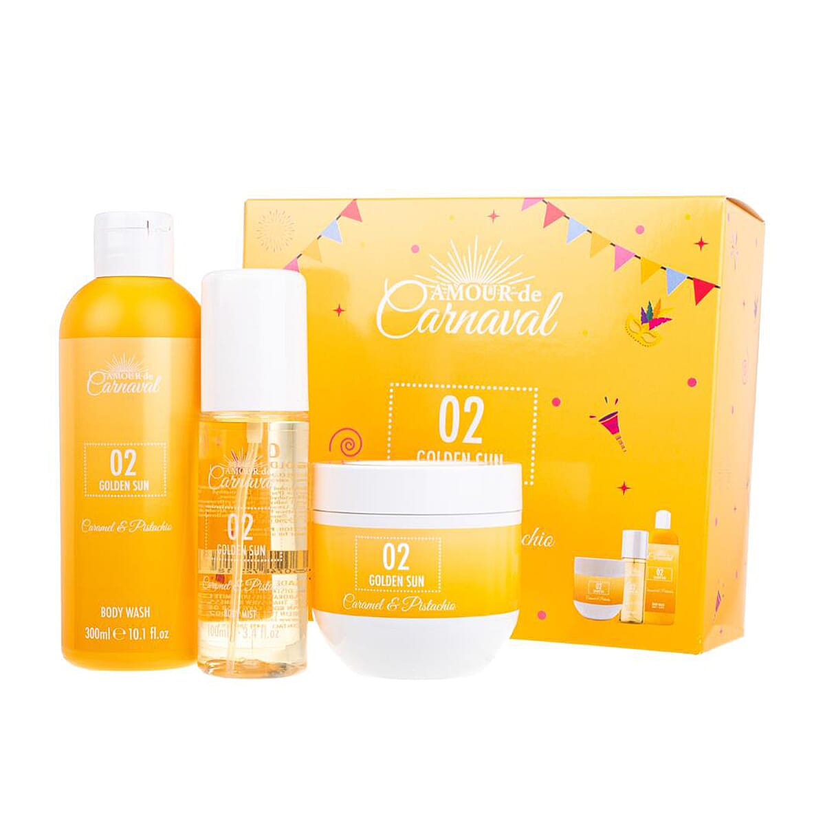 Laurelle Amour De Carnaval - Golden Sun Luxurious 3 Piece Gift Set (300mL Body Wash, 100mL Body Mist, 240mL Body Lotion) - Caramel & Pistachio Scent