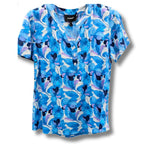 Anamor 100% Cotton Casual Floral Print Linen Feel Collar Top (Size M) - Blue