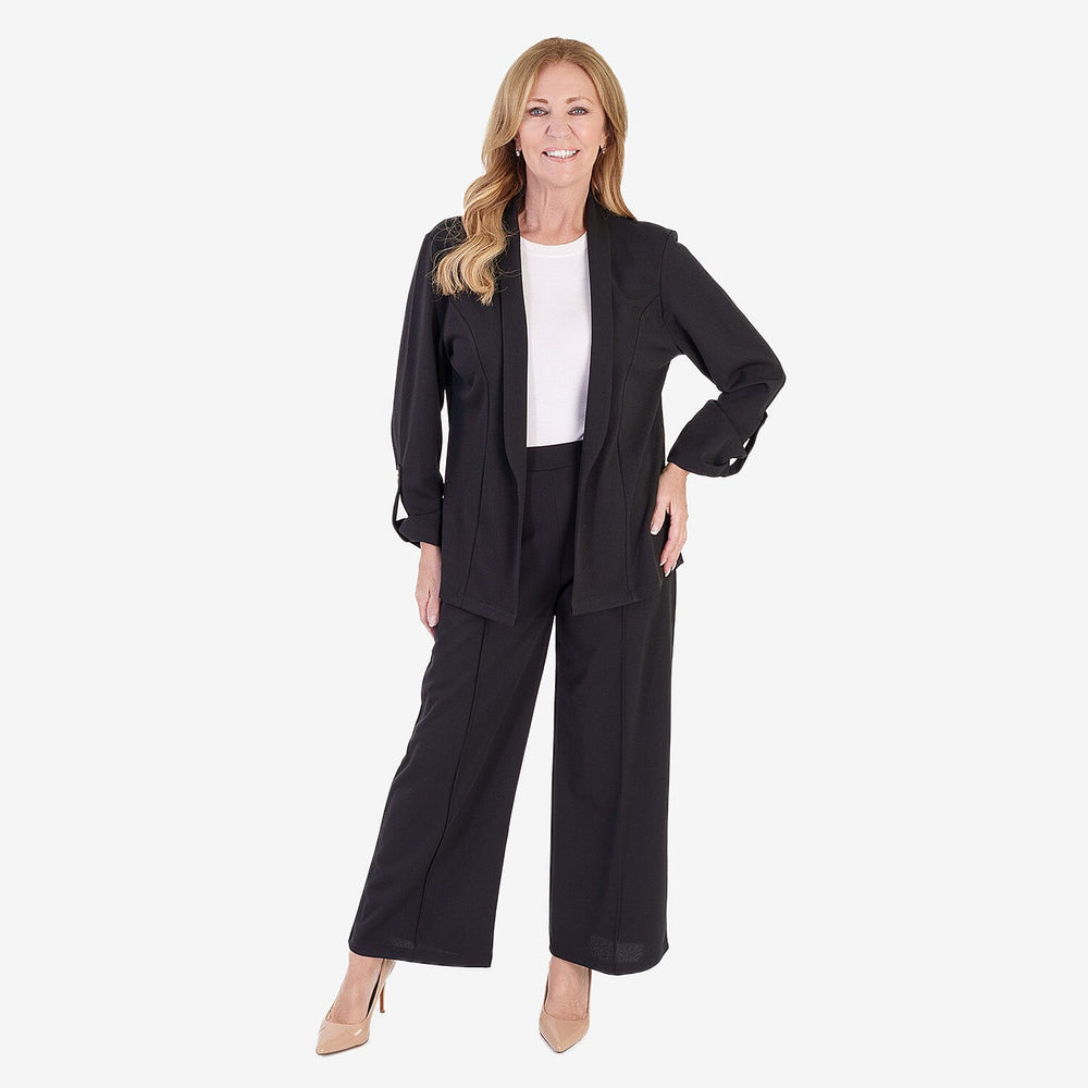 Anamor Crepe Ruched Sleeve Lapel Blazer With Gold Button Detail (Size L) - Black