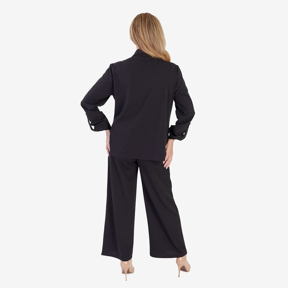 Anamor Crepe Ruched Sleeve Lapel Blazer With Gold Button Detail (Size L) - Black